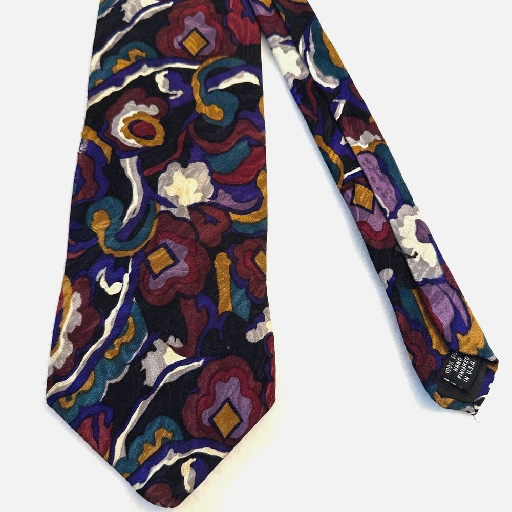 Cellini Collection Mens Silk Tie Multicolor Abstract Floral Art Print Hand USA